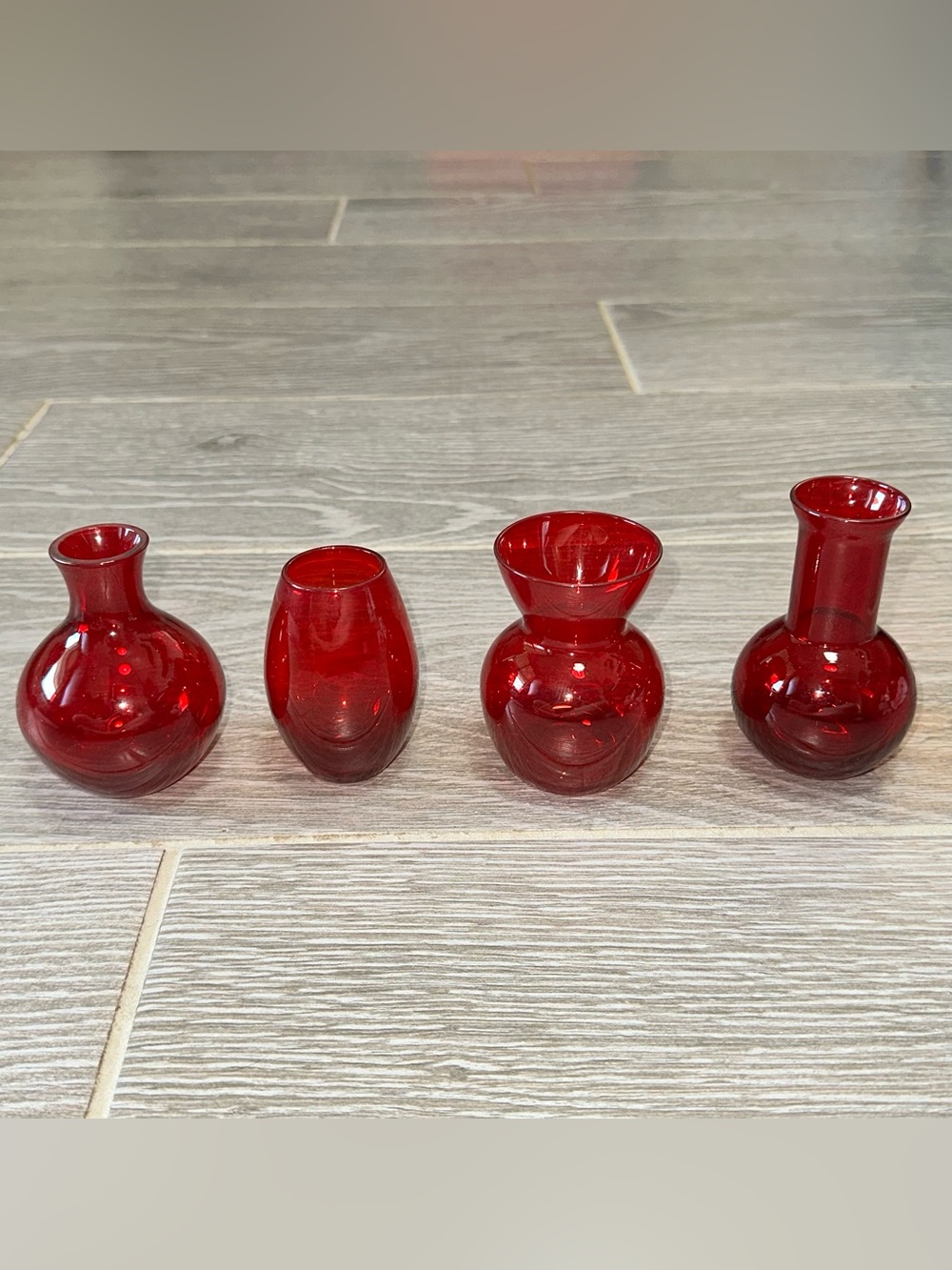 Crate & Barrel Ruby Red Bud Vases Mouth Blown Glass Set Of 4 Miniature Floral